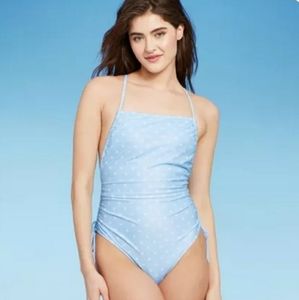 Blue one-piece swimsuit from Wild Fable™ features allover white polka-dot print.